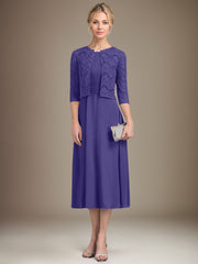 A-line Scoop Tea-Length Chiffon Mother of the Bride Dress With Pleated