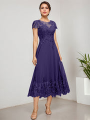 A-line Scoop Illusion Tea-Length Lace Chiffon Mother of the Bride Dress With Sequins