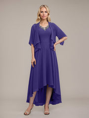 A-line V-Neck Asymmetrical Chiffon Mother of the Bride Dress With Beading Sequins