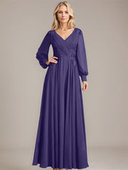 A-line V-Neck Floor-Length Chiffon Mother of the Bride Dress With Sequins Appliques Lace Pleated