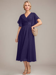 A-line V-Neck Tea-Length Chiffon Mother of the Bride Dress With Pleated Beading