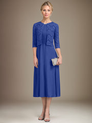 A-line Scoop Tea-Length Chiffon Mother of the Bride Dress With Pleated