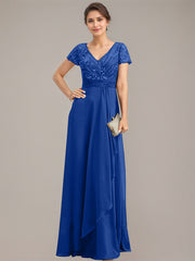 A-line V-Neck Floor-Length Chiffon Lace Mother of the Bride Dress With Beading Sequins Cascading Ruffles