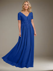 A-line V-Neck Floor-Length Chiffon Mother of the Bride Dress With Appliques Lace