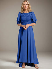 A-line Scoop Illusion Asymmetrical Chiffon Lace Mother of the Bride Dress With Beading