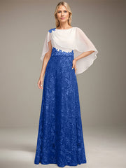A-line Scoop Floor-Length Lace Sequin Chiffon Mother of the Bride Dress With Pleated