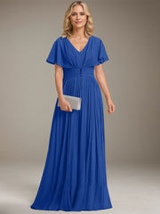 A-line V-Neck Floor-Length Chiffon Mother of the Bride Dress With Crystal Brooch Pleated