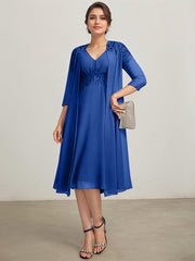 A-line V-Neck Knee-Length Chiffon Lace Mother of the Bride Dress With Pleated Beading Sequins