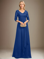 Empire V-Neck Floor-Length Lace Chiffon Mother of the Bride Dress With Cascading Ruffles Sequins