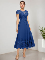 A-line Scoop Illusion Tea-Length Lace Chiffon Mother of the Bride Dress With Sequins