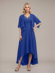A-line V-Neck Asymmetrical Chiffon Mother of the Bride Dress With Beading Sequins
