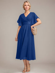 A-line V-Neck Tea-Length Chiffon Mother of the Bride Dress With Pleated Beading