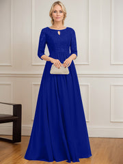 A-line Scoop Floor-Length Lace Chiffon Mother of the Bride Dress With Crystal Brooch Sequins