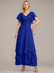 A-line V-Neck Ankle-Length Lace Chiffon Mother of the Bride Dress With Cascading Ruffles