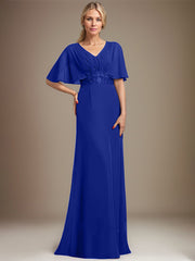 A-line V-Neck Floor-Length Chiffon Mother of the Bride Dress With Sequins Appliques Lace Pleated