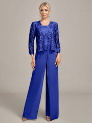 Silver Chiffon Pant and Lace Top Mother of The Bride Wide Pant Suits