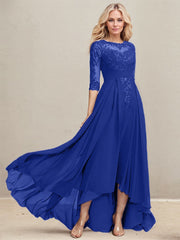 A-line Scoop Illusion Asymmetrical Lace Chiffon Mother of the Bride Dress With Pleated Sequins
