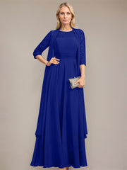 A-line Scoop Illusion Floor-Length Lace Chiffon Mother of the Bride Dress With Pleated