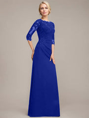 A-line Scoop Floor-Length Chiffon Lace Mother of the Bride Dress With Sequins Beading Pleated