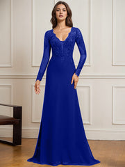 Sheath/Column V-Neck Detachable Sweep Train Lace Tulle Chiffon Mother of the Bride Dress With Sequins