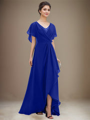 A-line V-Neck Asymmetrical Chiffon Mother of the Bride Dress With Sequins Beading Cascading Ruffles