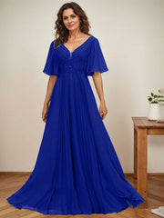 A-line V-Neck Floor-Length Chiffon Mother of the Bride Dress With Sequins Appliques Lace Pleated