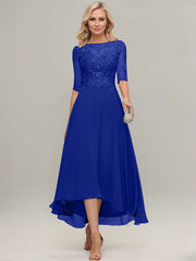 A-line Illusion Boat Neck Asymmetrical Chiffon Lace Mother of the Bride Dress With Sequins Beading