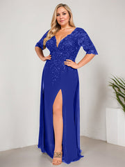 Sheath/Column V-Neck Floor-Length Lace Chiffon Mother of the Bride Dress With Sequins