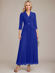 A-line Collared V-Neck Ankle-Length Chiffon Mother of the Bride Dress With Beading Pleated