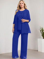 Separates Pantsuit Scoop Floor-Length Lace Chiffon Mother of the Bride Dress With Sequins