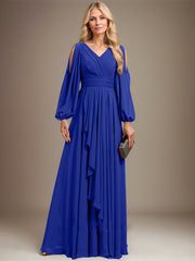 A-line Cold Shoulder V-Neck Floor-Length Chiffon Mother of the Bride Dress With Cascading Ruffles Beading