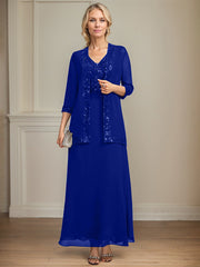 A-line V-Neck Ankle-Length Lace Sequin Chiffon Mother of the Bride Dress
