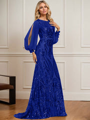 Trumpet/Mermaid Boat Neck Illusion Sweep Train Chiffon Sequin Evening Dress