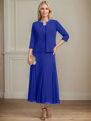 Separates A-line Scoop Tea-Length Chiffon Mother of the Bride Dress With Sequins Beading