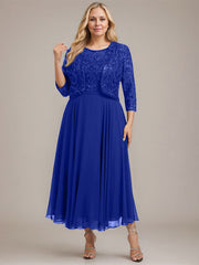 A-line Boat Neck Illusion Tea-Length Lace Chiffon Mother of the Bride Dress With Sequins