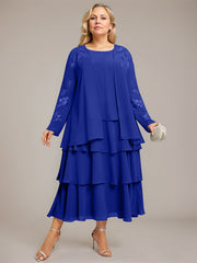 A-line Scoop Tea-Length Chiffon Mother of the Bride Dress With Cascading Ruffles