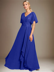 A-line V-Neck Floor-Length Lace Chiffon Mother of the Bride Dress With Cascading Ruffles Sequins