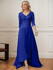 A-Line V-Neck 3/4 Sleeves Chiffon Mother Of The Bride Dresses With Lace