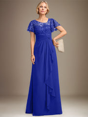 A-line Asymmetrical Illusion Floor-Length Lace Chiffon Mother of the Bride Dress With Cascading Ruffles Sequins