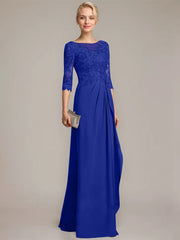 A-line Scoop Illusion Floor-Length Chiffon Lace Mother of the Bride Dress With Beading Sequins Cascading Ruffles