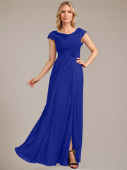 A-line Scoop Floor-Length Mesh Mother of the Bride Dress With Pleated Beading