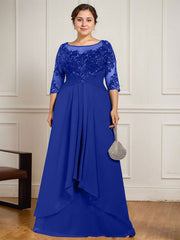 A-line Scoop Illusion Floor-Length Lace Chiffon Mother of the Bride Dress With Cascading Ruffles