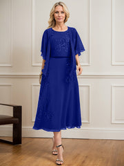 A-line Scoop Tea-Length Lace Chiffon Mother of the Bride Dress With Sequins