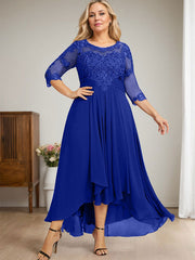 A-line Scoop Illusion Asymmetrical Lace Chiffon Mother of the Bride Dress With Cascading Ruffles