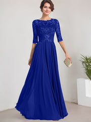 A-line Scoop Illusion Floor-Length Lace Chiffon Mother of the Bride Dress With Pleated Sequins