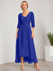 A-line V-Neck Asymmetrical Chiffon Lace Mother of the Bride Dress With Pleated Beading