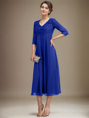 A-line V-Neck Tea-Length Chiffon Lace Mother of the Bride Dress With Beading