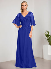 A-line V-Neck Floor-Length Lace Chiffon Mother of the Bride Dress With Sequins Beading
