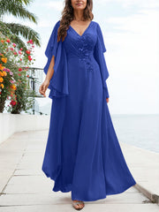 A-Line V-Neck Floor-Length Chiffon Mother Of The Bride Dresses With Appliques Lace
