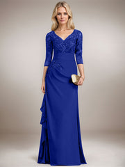 A-line V-Neck Floor-Length Lace Chiffon Mother of the Bride Dress With Cascading Ruffles